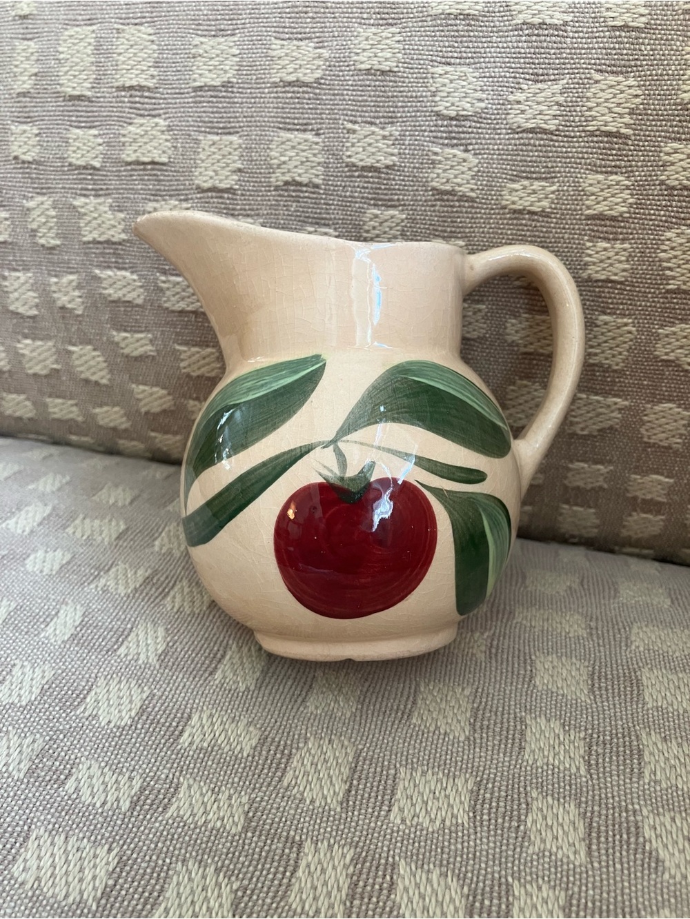 Vintage Watt Pottery #62 Hand-Painted Cream Ceramic Pitcher with Red Apple Motif